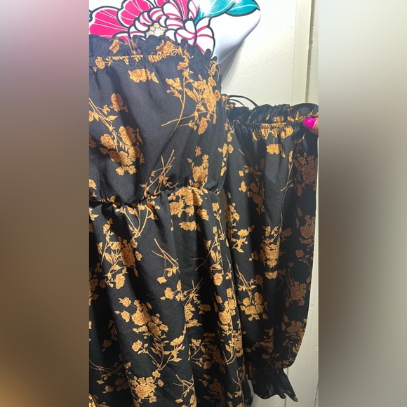 Shein Cold Shoulder Black Gold Floral Dress - Picture 5 of 5